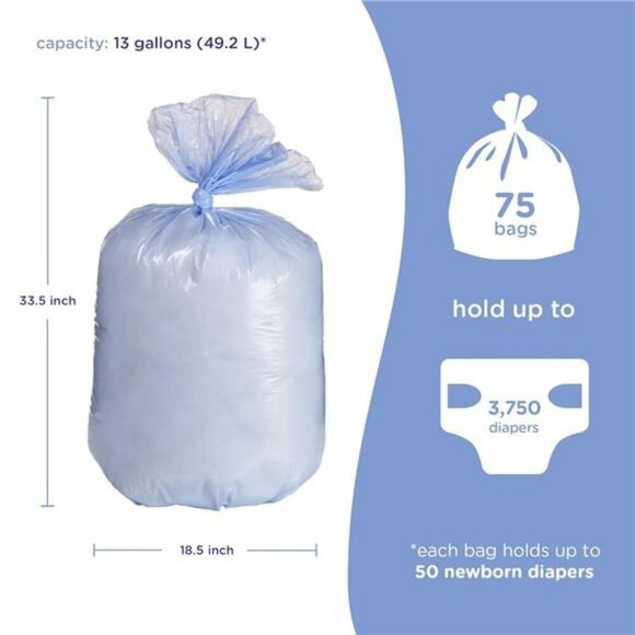 Diaper Pail Bags 13 Gallon Disposable Odor Control Baby Waste Bag 75 Count - Picture 2 of 6